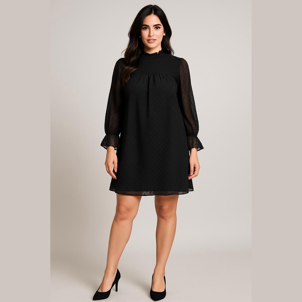 Kenedik Black Swiss Dot Smocked Mini Dress